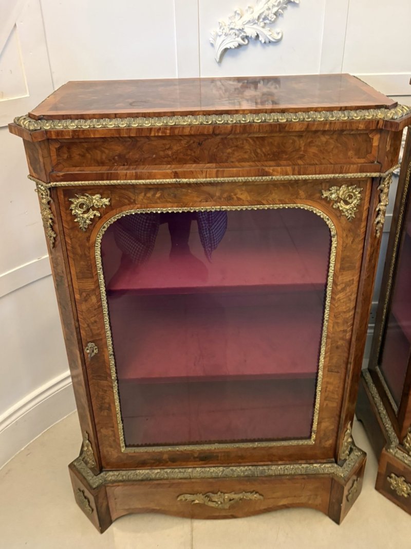 Antique Exceptional Pair of Victorian Burr Walnut Pier Cabinets with Ormolu Mounts - Image 4